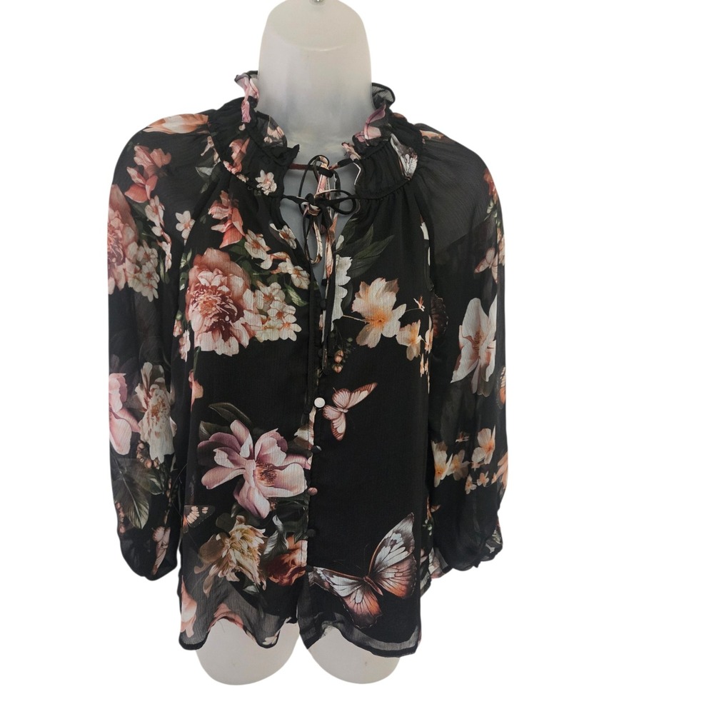 Joie‎ Black Floral Butterfly Sheer Tie Neck Boho Peasant Blouse XS